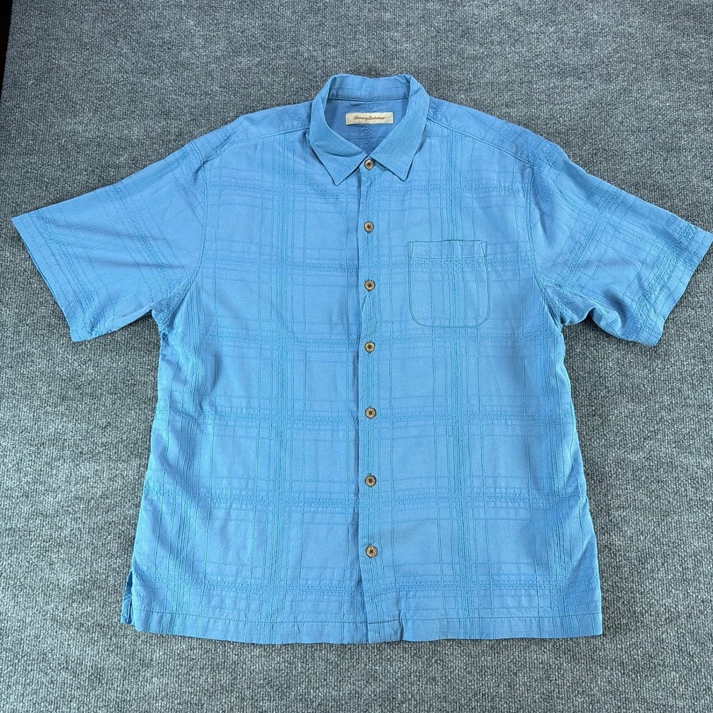 Tommy Bahama Mens XL Silk Button Down Shirt Blue Tropical Short Sleeve Hawaiian